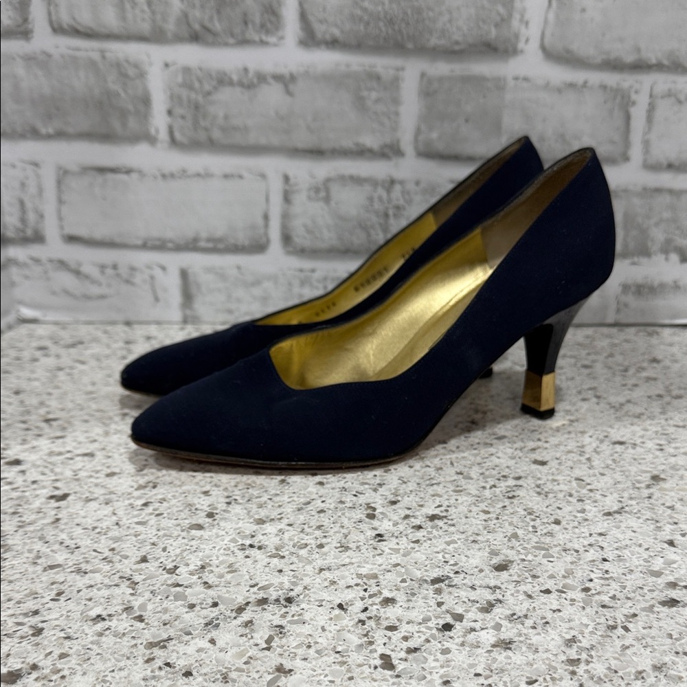 Bruno Magli Navy Blue Pointed Toe Mid Heels with Gold Accent